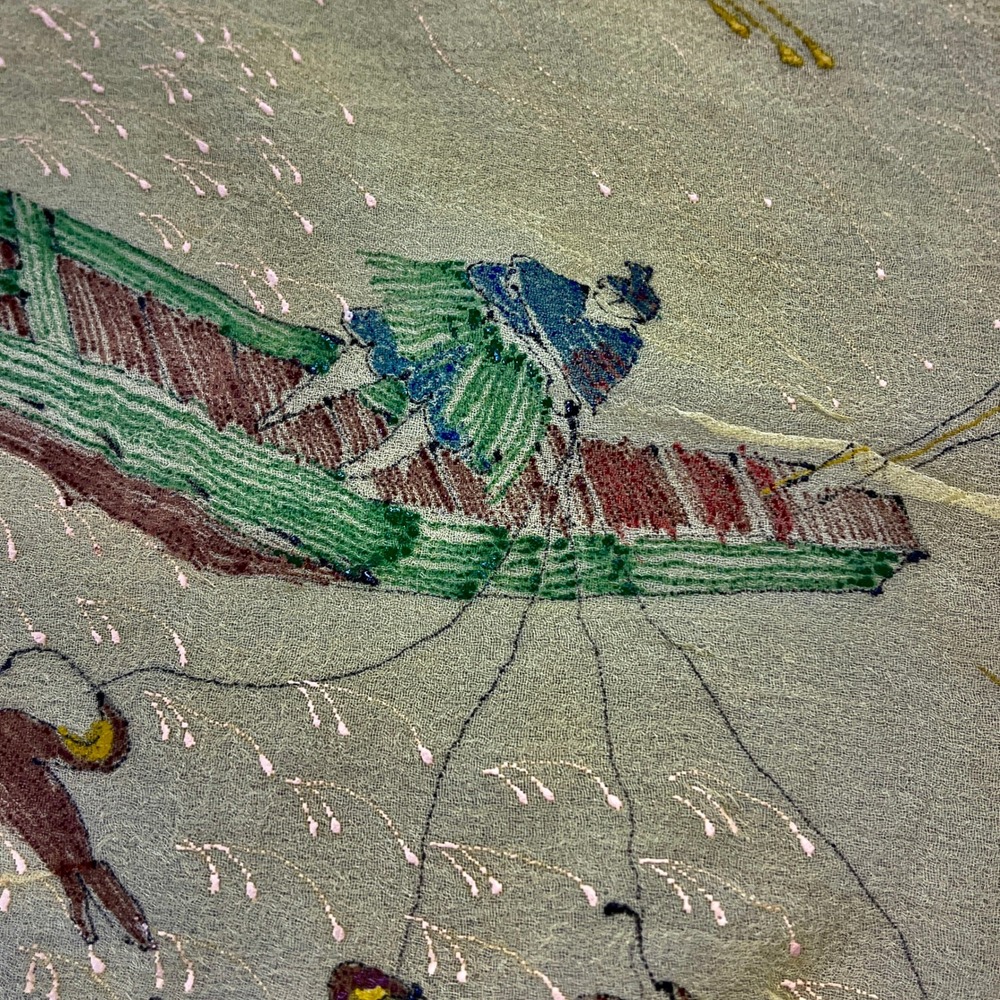 Vintage Hand Painted Japanese Scarf Mount Fuji Pagoda Fisherman Yellow 34in READ - Picture 4 of 12